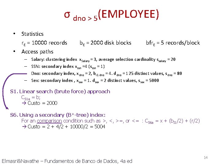 σ dno > 5(EMPLOYEE) • Statistics r. E = 10000 records • Access paths