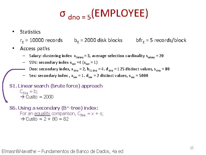 σ dno = 5(EMPLOYEE) • Statistics r. E = 10000 records • Access paths