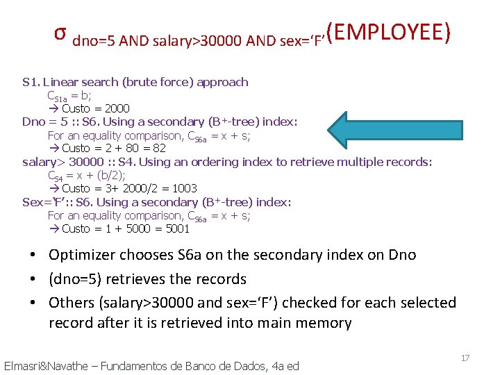 σ dno=5 AND salary>30000 AND sex=‘F’(EMPLOYEE) S 1. Linear search (brute force) approach CS