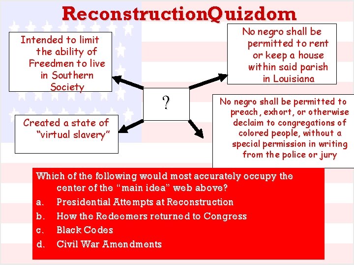 Reconstruction. Quizdom Intended to limit the ability of Freedmen to live in Southern Society