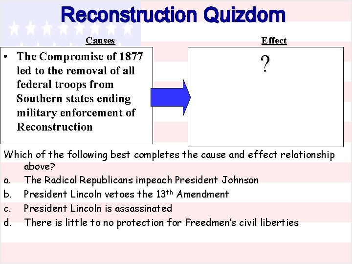 Reconstruction Quizdom Causes • The Compromise of 1877 led to the removal of all
