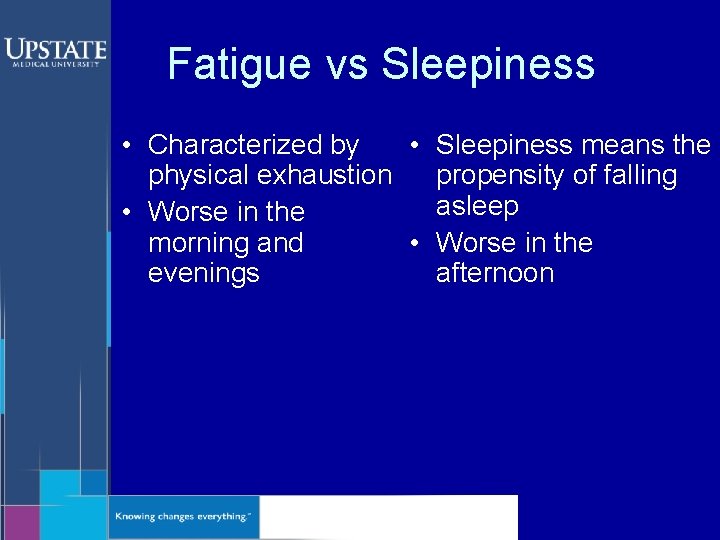 Fatigue vs Sleepiness • Characterized by • Sleepiness means the physical exhaustion propensity of