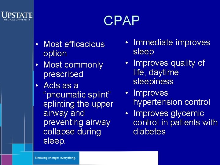 CPAP • Most efficacious option • Most commonly prescribed • Acts as a “pneumatic