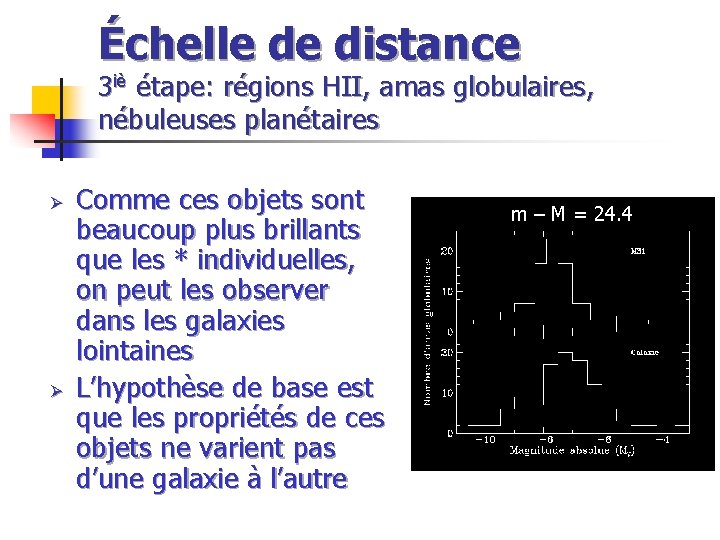 Échelle de distance 3 iè étape: régions HII, amas globulaires, nébuleuses planétaires Ø Ø