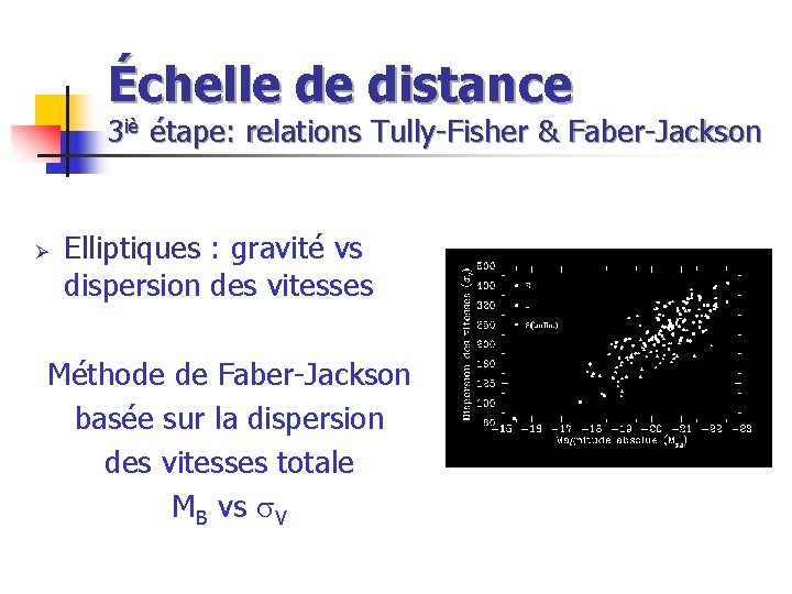 Échelle de distance 3 iè étape: relations Tully-Fisher & Faber-Jackson Ø Elliptiques : gravité