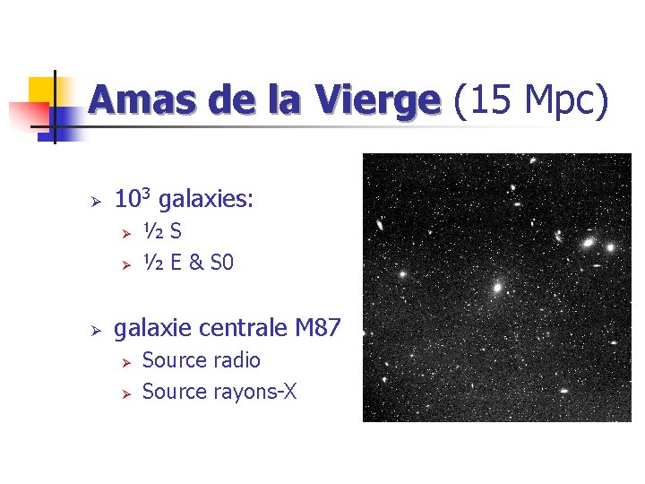 Amas de la Vierge (15 Mpc) Ø 103 galaxies: Ø Ø Ø ½S ½