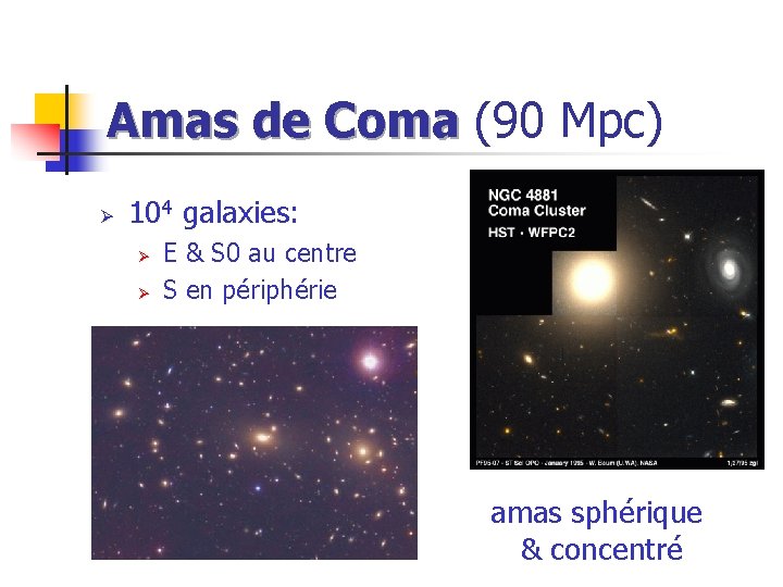 Amas de Coma (90 Mpc) Ø 104 galaxies: Ø Ø E & S 0