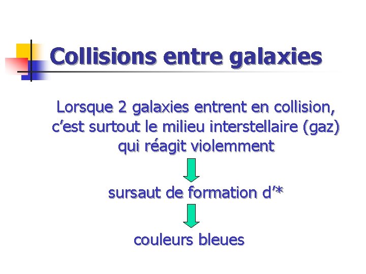 Collisions entre galaxies Lorsque 2 galaxies entrent en collision, c’est surtout le milieu interstellaire