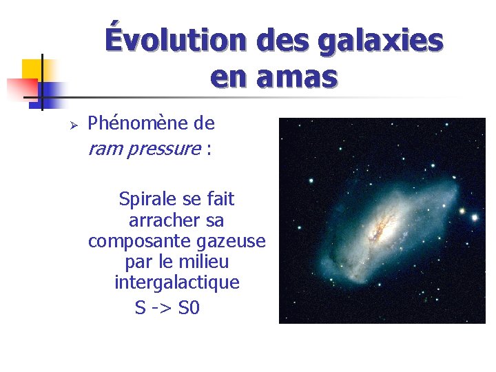 Évolution des galaxies en amas Ø Phénomène de ram pressure : Spirale se fait