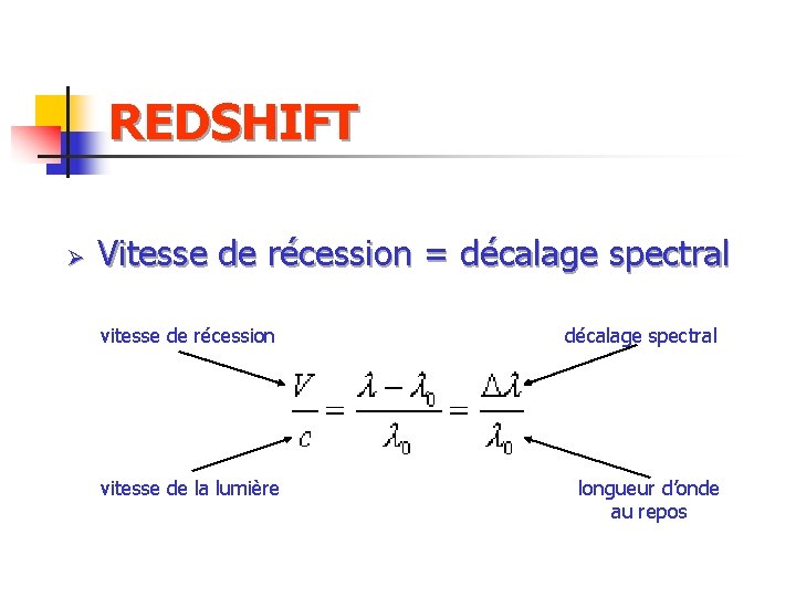 REDSHIFT Ø Vitesse de récession = décalage spectral vitesse de récession décalage spectral vitesse