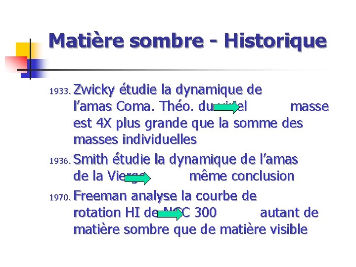 Matière sombre - Historique Zwicky étudie la dynamique de l’amas Coma. Théo. du viriel