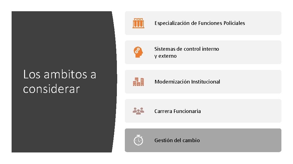 Especialización de Funciones Policiales Sistemas de control interno y externo Los ambitos a considerar