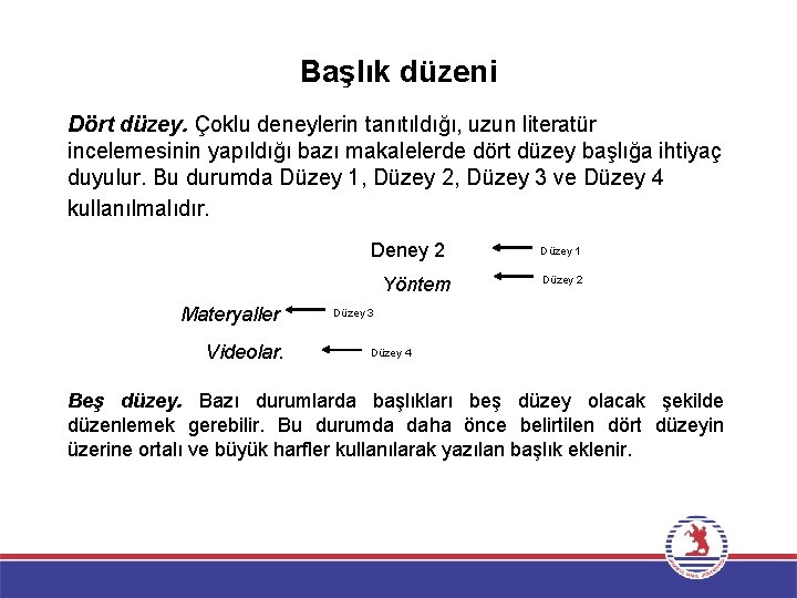 Başlık düzeni Dört düzey. Çoklu deneylerin tanıtıldığı, uzun literatür incelemesinin yapıldığı bazı makalelerde dört