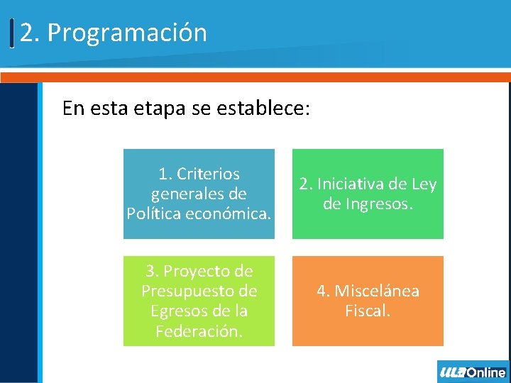 2. Programación En esta etapa se establece: 1. Criterios generales de Política económica. 2.