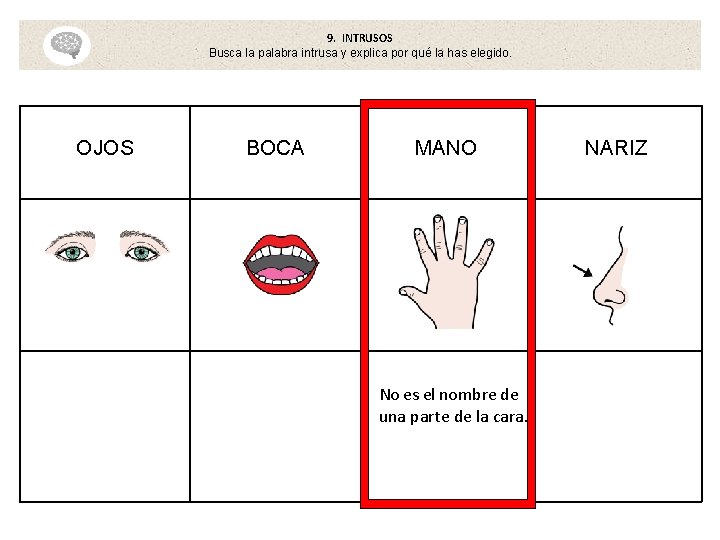 9. INTRUSOS Busca la palabra intrusa y explica por qué la has elegido. OJOS