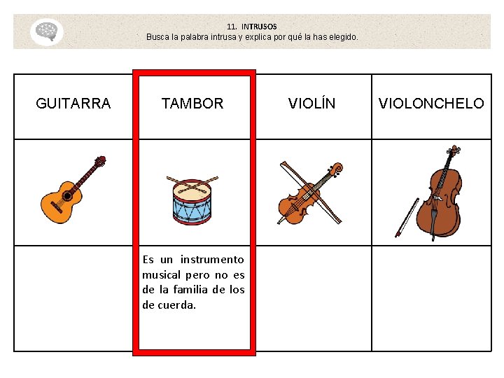 11. INTRUSOS Busca la palabra intrusa y explica por qué la has elegido. GUITARRA