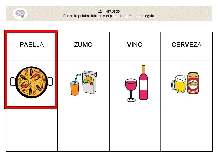 12. INTRUSOS Busca la palabra intrusa y explica por qué la has elegido. PAELLA