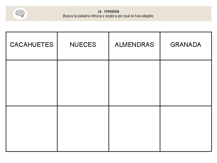 16. INTRUSOS Busca la palabra intrusa y explica por qué la has elegido. CACAHUETES