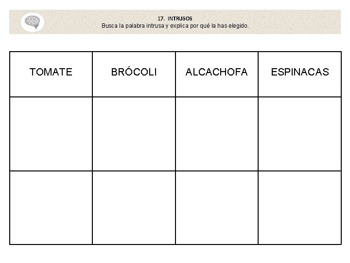 17. INTRUSOS Busca la palabra intrusa y explica por qué la has elegido. TOMATE