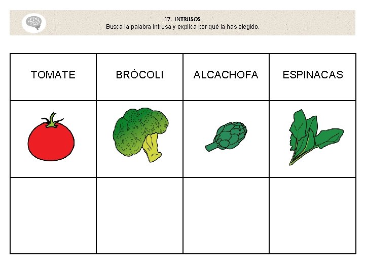 17. INTRUSOS Busca la palabra intrusa y explica por qué la has elegido. TOMATE