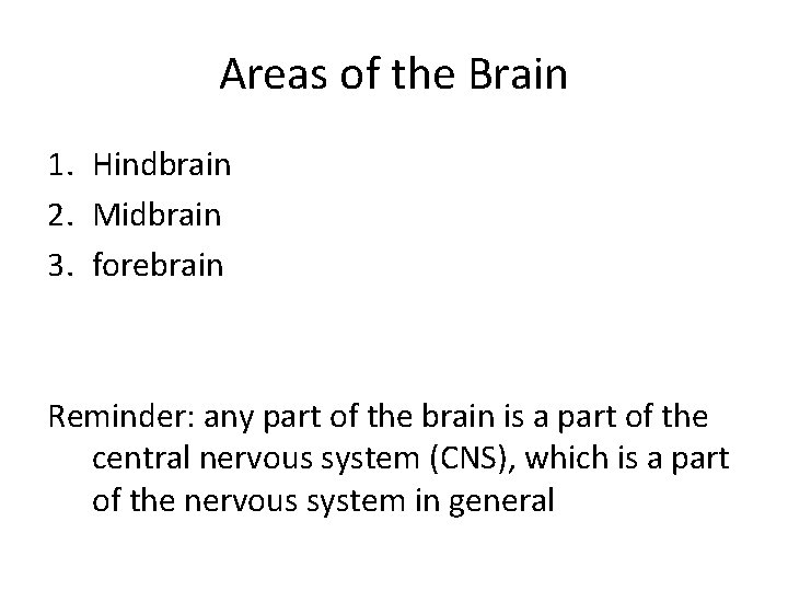Areas of the Brain 1. Hindbrain 2. Midbrain 3. forebrain Reminder: any part of
