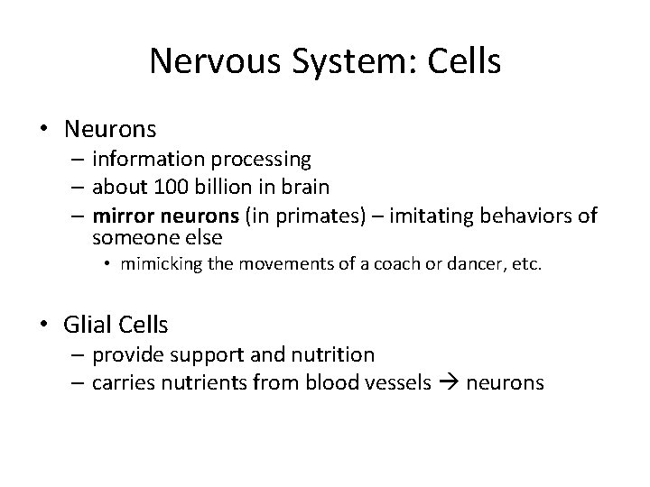 Nervous System: Cells • Neurons – information processing – about 100 billion in brain