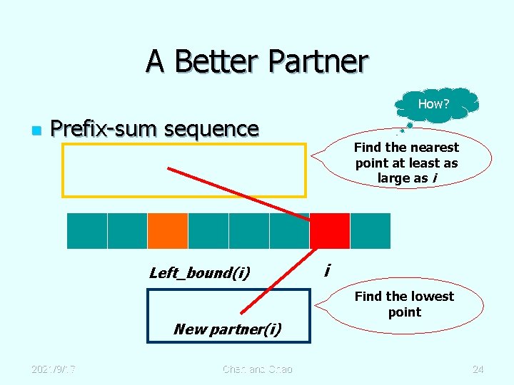 A Better Partner How? n Prefix-sum sequence Left_bound(i) Find the nearest point at least