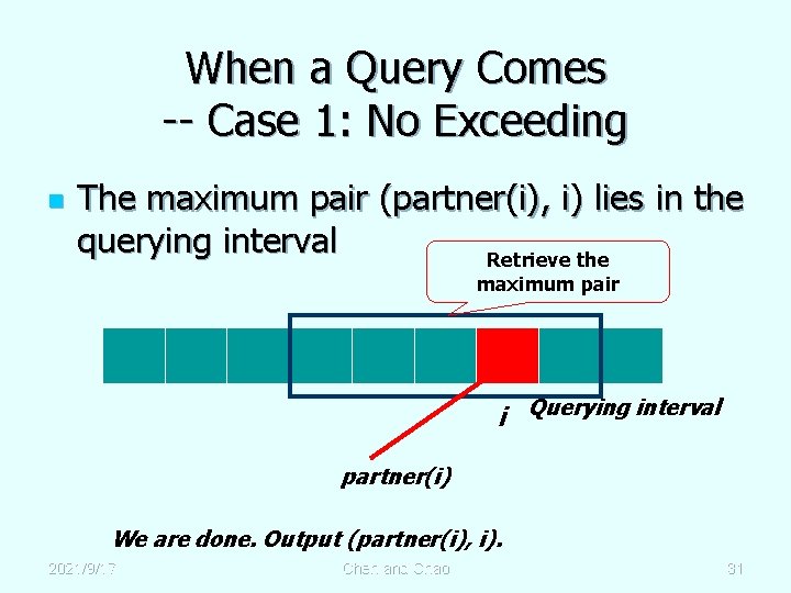 When a Query Comes -- Case 1: No Exceeding n The maximum pair (partner(i),