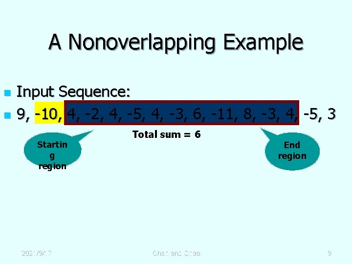 A Nonoverlapping Example n n Input Sequence: 9, -10, 4, -2, 4, -5, 4,