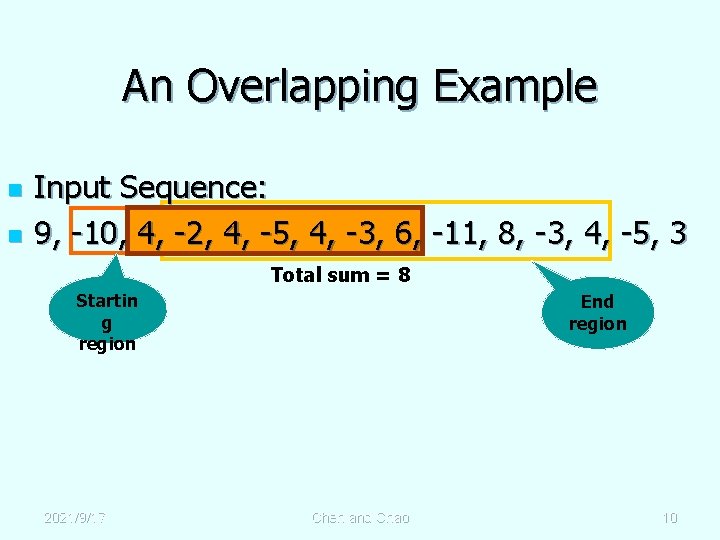 An Overlapping Example n n Input Sequence: 9, -10, 4, -2, 4, -5, 4,