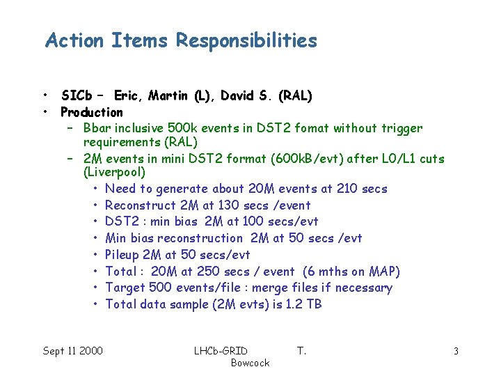 Action Items Responsibilities • • SICb – Eric, Martin (L), David S. (RAL) Production