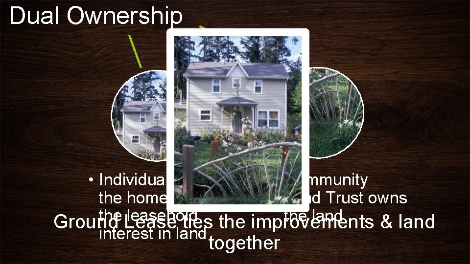 Dual Ownership • Individual owns • Community the home and Land Trust owns the