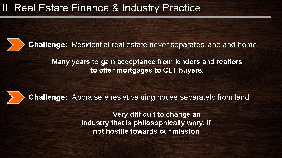 II. Real Estate Finance & Industry Practice Challenge: Residential real estate never separates land