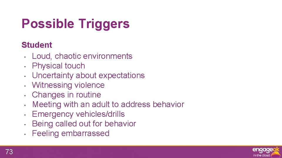 Possible Triggers Student • Loud, chaotic environments • Physical touch • Uncertainty about expectations