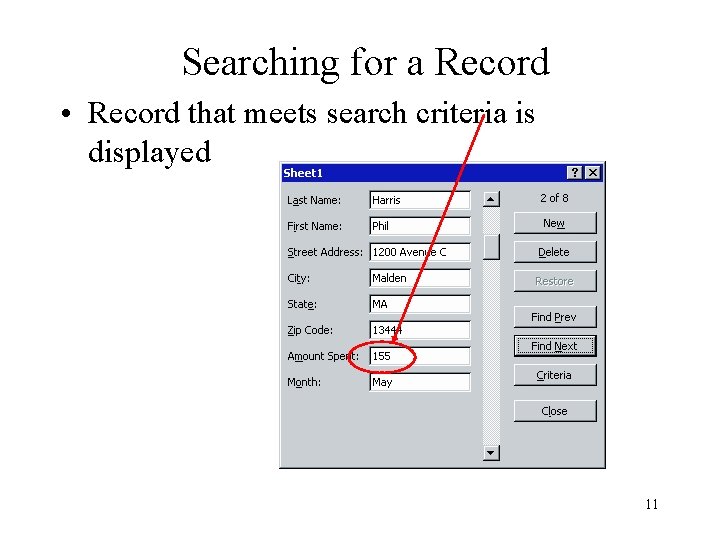Searching for a Record • Record that meets search criteria is displayed 11 