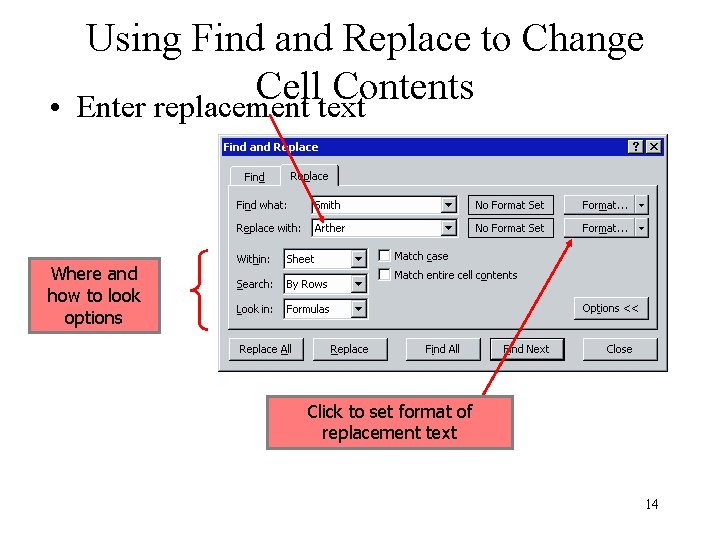 Using Find and Replace to Change Cell Contents • Enter replacement text Where and
