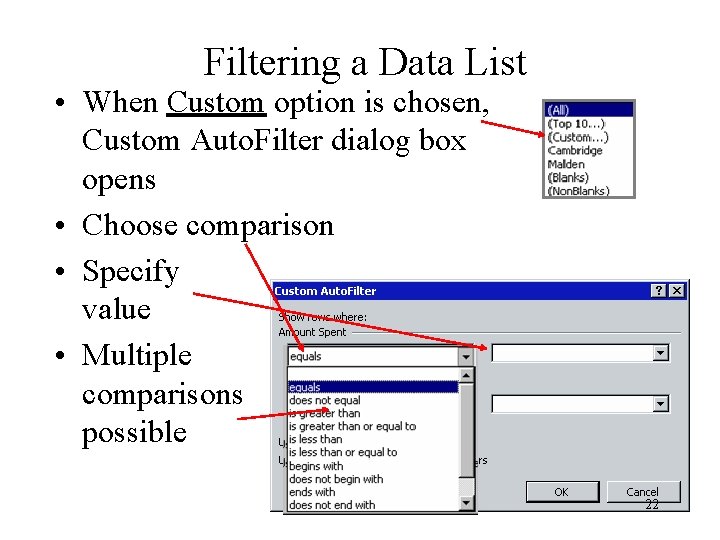 Filtering a Data List • When Custom option is chosen, Custom Auto. Filter dialog