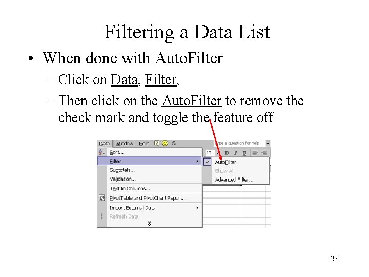 Filtering a Data List • When done with Auto. Filter – Click on Data,