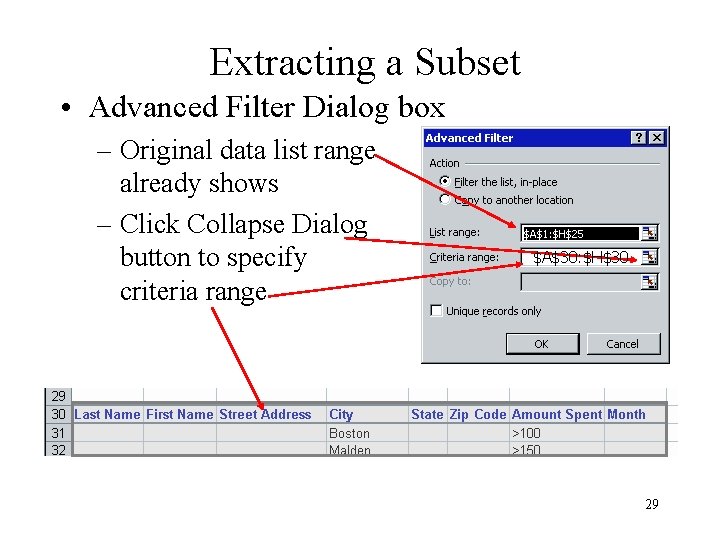 Extracting a Subset • Advanced Filter Dialog box – Original data list range already