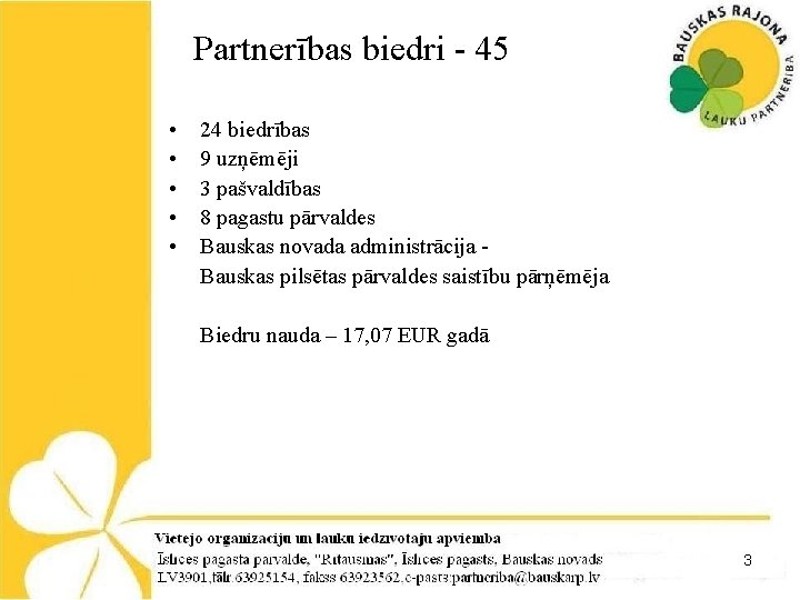 Partnerības biedri - 45 • • • 24 biedrības 9 uzņēmēji 3 pašvaldības 8