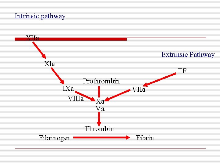 Intrinsic pathway XIIa Extrinsic Pathway XIa TF Prothrombin IXa VIIIa VIIa Xa Va Thrombin