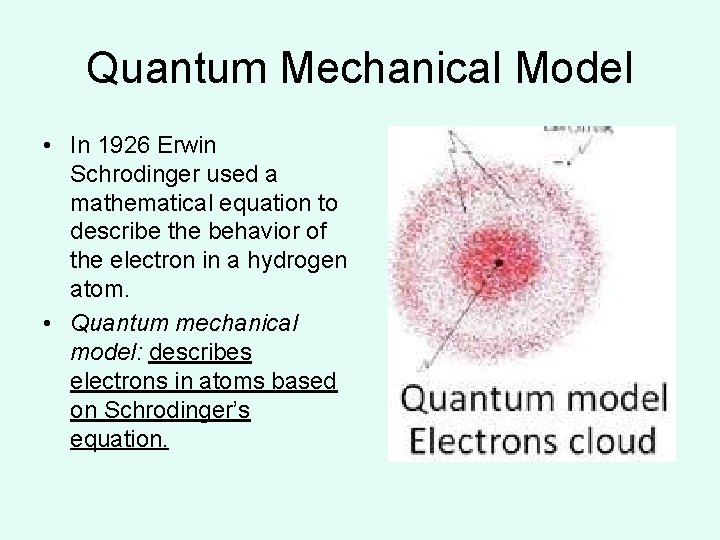 Quantum Mechanical Model • In 1926 Erwin Schrodinger used a mathematical equation to describe Quantum Mechanical Model • In 1926 Erwin Schrodinger used a mathematical equation to describe