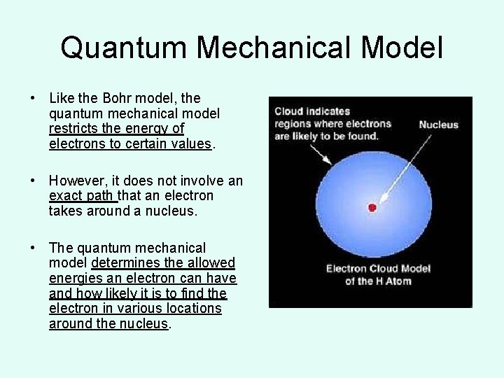 Quantum Mechanical Model • Like the Bohr model, the quantum mechanical model restricts the Quantum Mechanical Model • Like the Bohr model, the quantum mechanical model restricts the