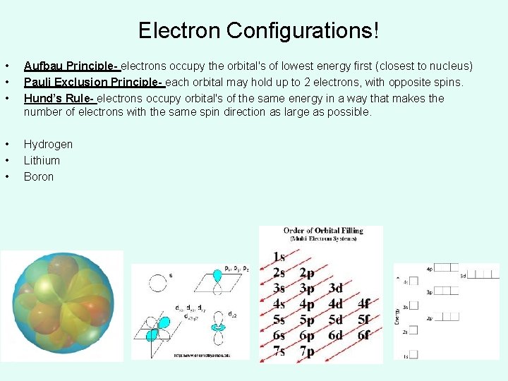 Electron Configurations! • • • Aufbau Principle- electrons occupy the orbital's of lowest energy Electron Configurations! • • • Aufbau Principle- electrons occupy the orbital's of lowest energy