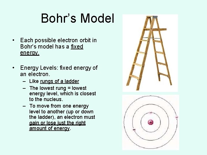 Bohr’s Model • Each possible electron orbit in Bohr’s model has a fixed energy. Bohr’s Model • Each possible electron orbit in Bohr’s model has a fixed energy.