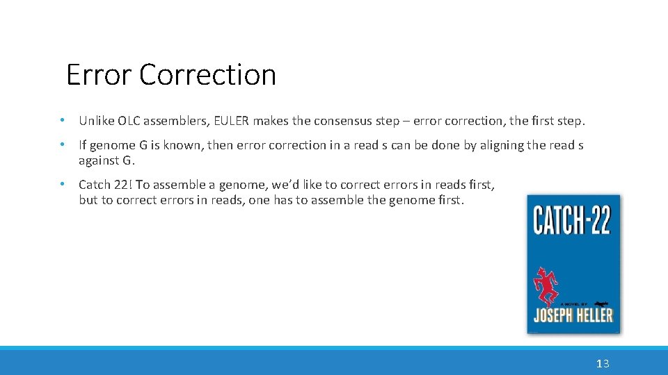 Error Correction • Unlike OLC assemblers, EULER makes the consensus step – error correction,
