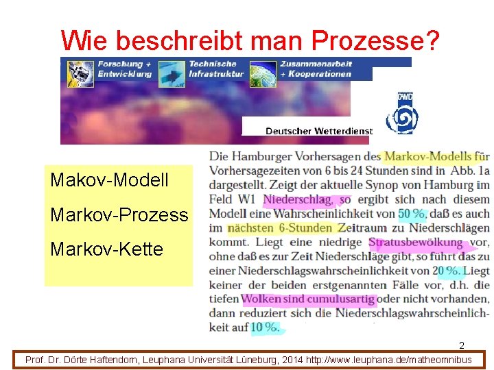 Wie beschreibt man Prozesse? Makov-Modell Markov-Prozess Markov-Kette 2 Prof. Dr. Dörte Haftendorn, Leuphana Universität