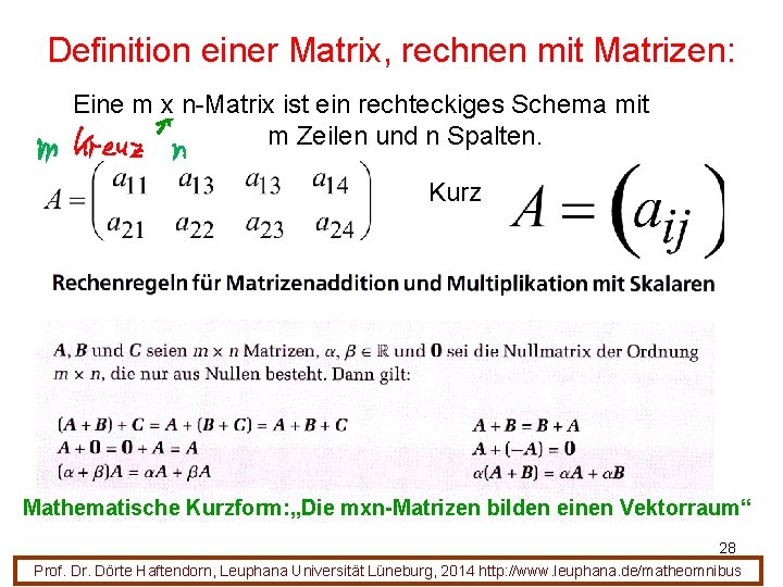 Definition einer Matrix, rechnen mit Matrizen: Eine m x n-Matrix ist ein rechteckiges Schema