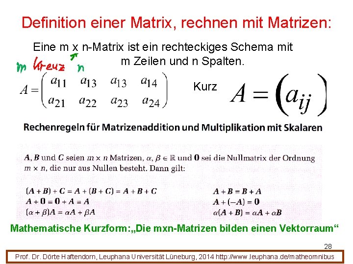 Definition einer Matrix, rechnen mit Matrizen: Eine m x n-Matrix ist ein rechteckiges Schema Definition einer Matrix, rechnen mit Matrizen: Eine m x n-Matrix ist ein rechteckiges Schema