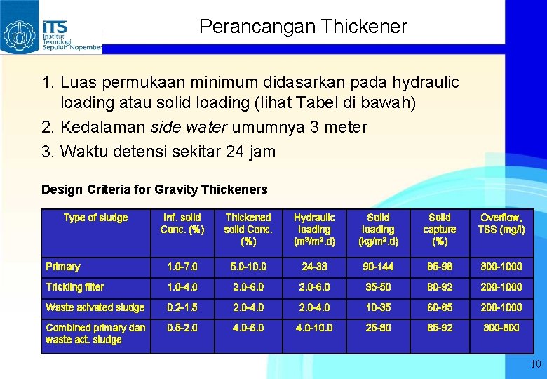 Perancangan Thickener 1. Luas permukaan minimum didasarkan pada hydraulic loading atau solid loading (lihat